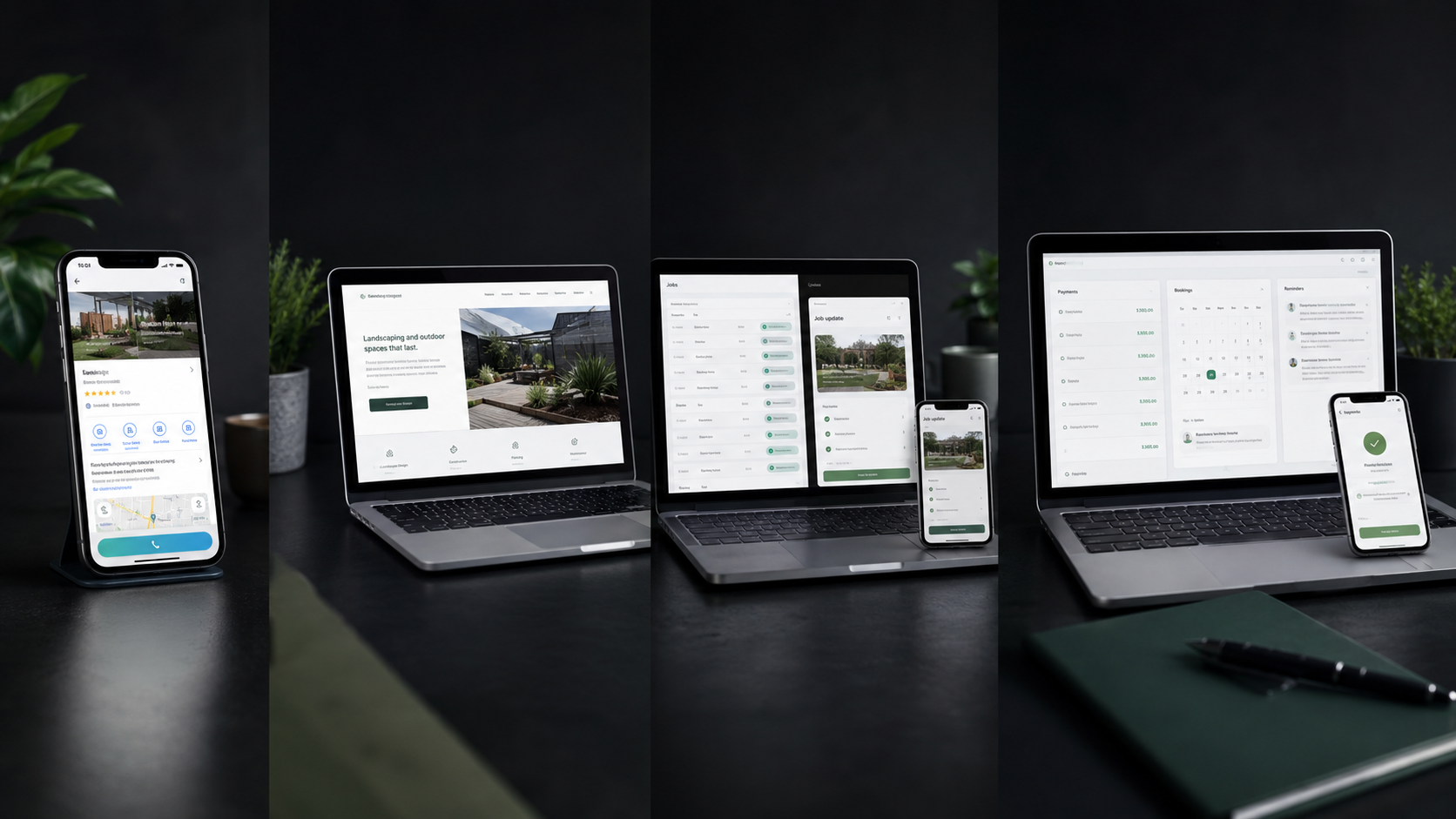 Four scenes of a small business online: a phone listing, a website, a job list with a customer update, and payments, bookings, and reminders.