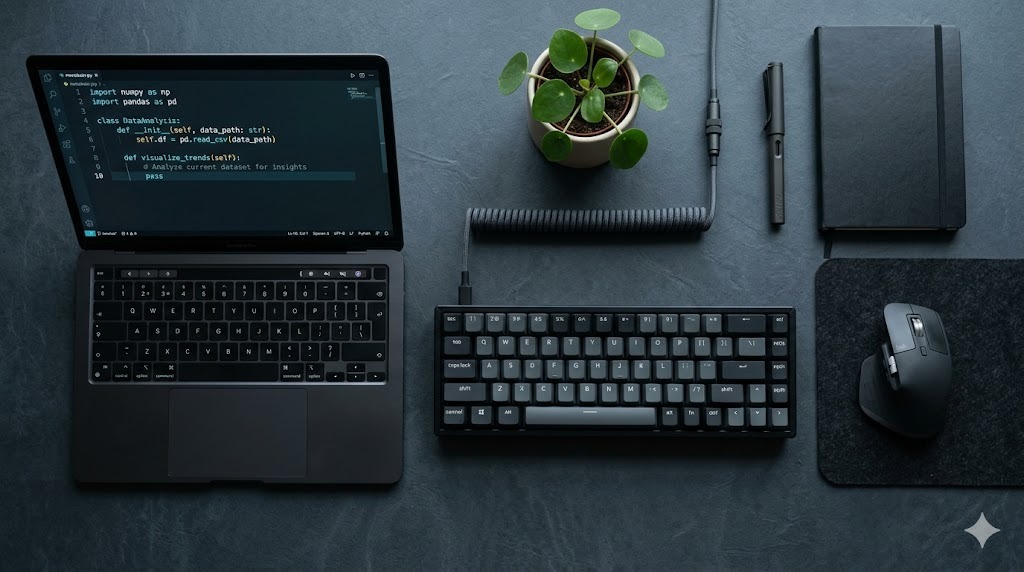 Developer workspace — laptop with code editor, keyboard, notebook, and plant on a dark desk