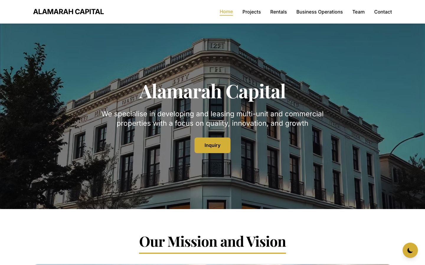 Alamarah Capital website showing property development portfolio