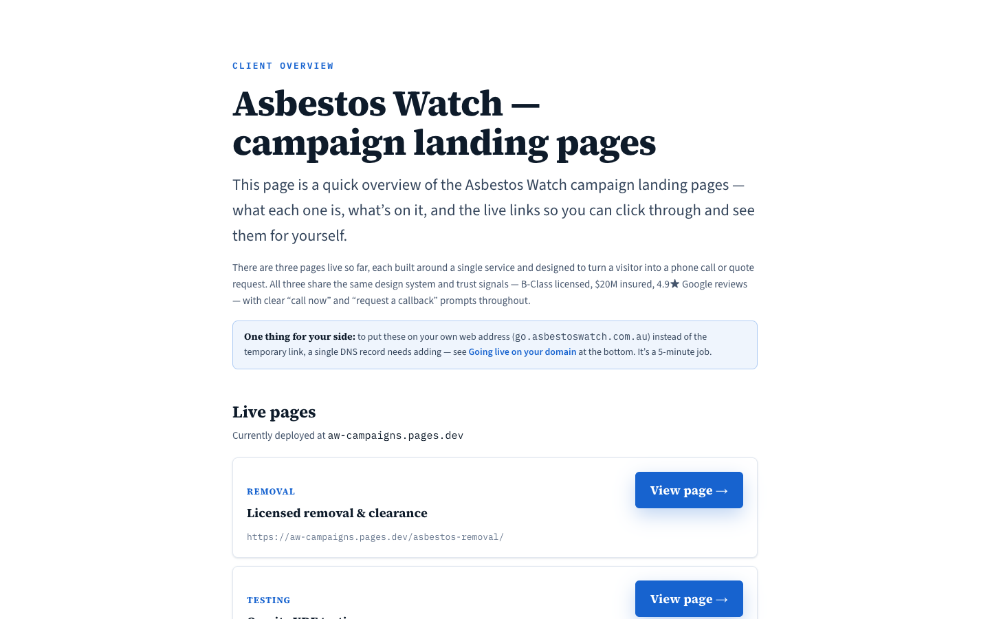 Client overview page summarising the campaign landing pages with live links