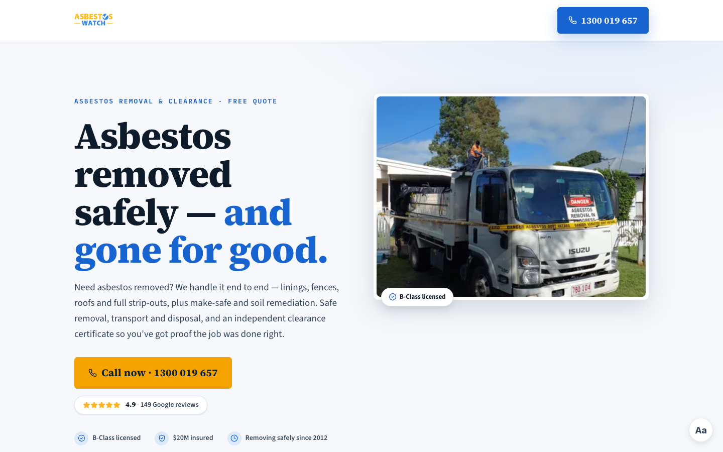 Asbestos removal & clearance campaign landing page with a click-to-call hero