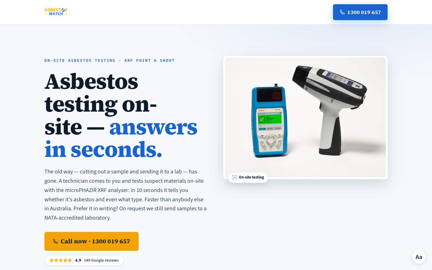 On-site XRF asbestos testing campaign landing page