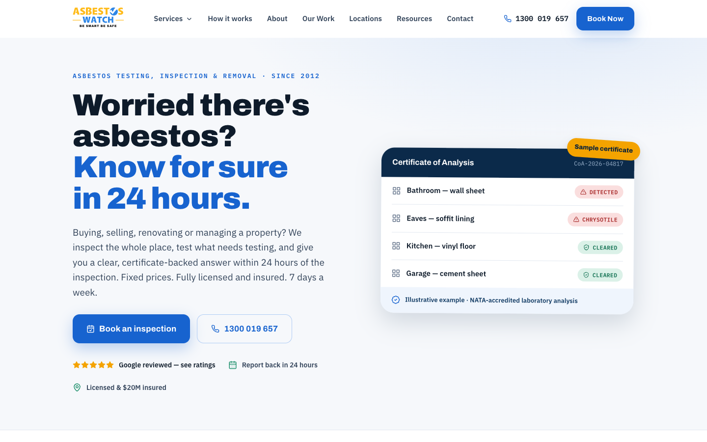 Asbestos Watch homepage with a 'Know for sure in 24 hours' hero and a sample certificate of analysis