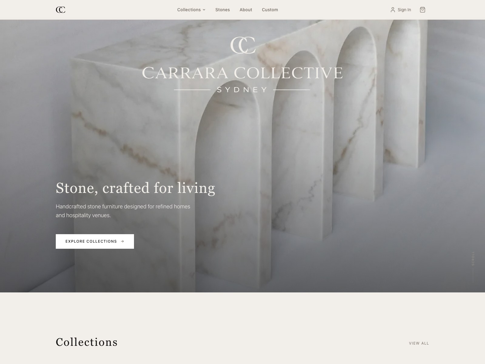 Carrara Collective website showing stone furniture product catalogue and checkout