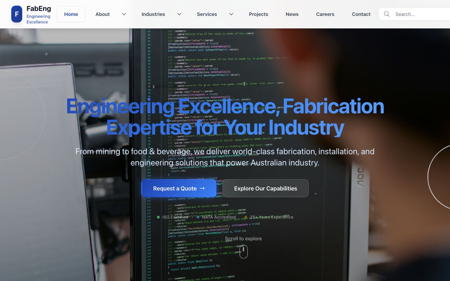 FabEng Group website showing fabrication services and industry sectors
