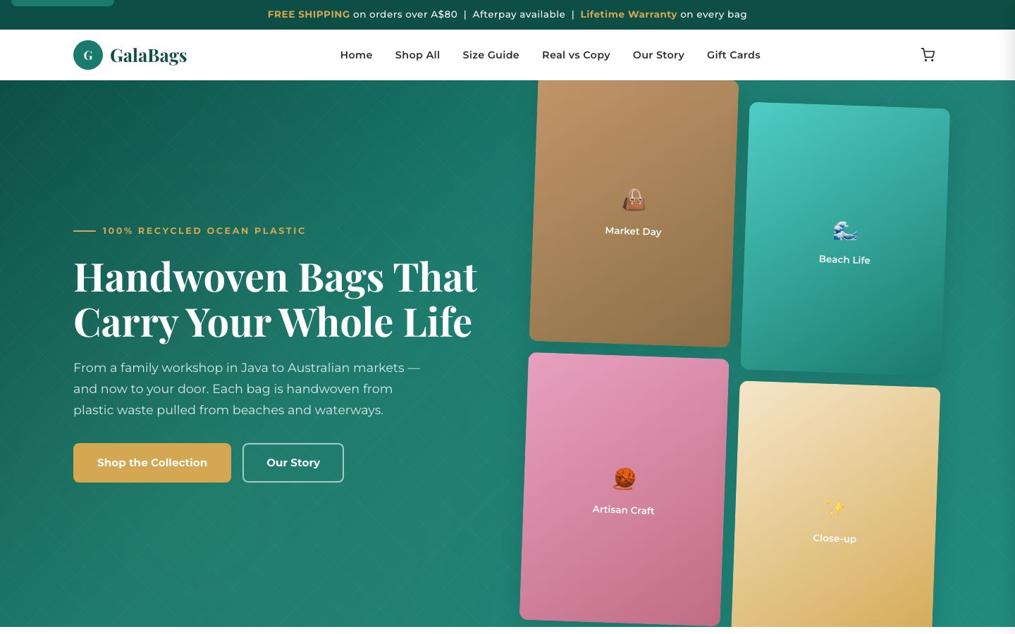 GalaBags e-commerce store showing handwoven bags collection