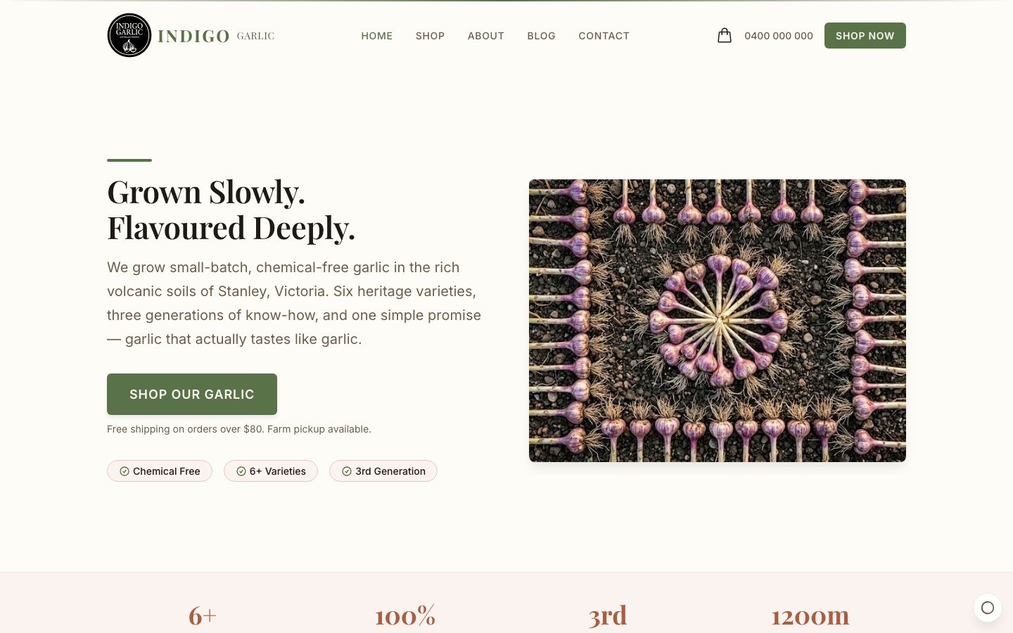 Indigo Garlic e-commerce website showing garlic product listings