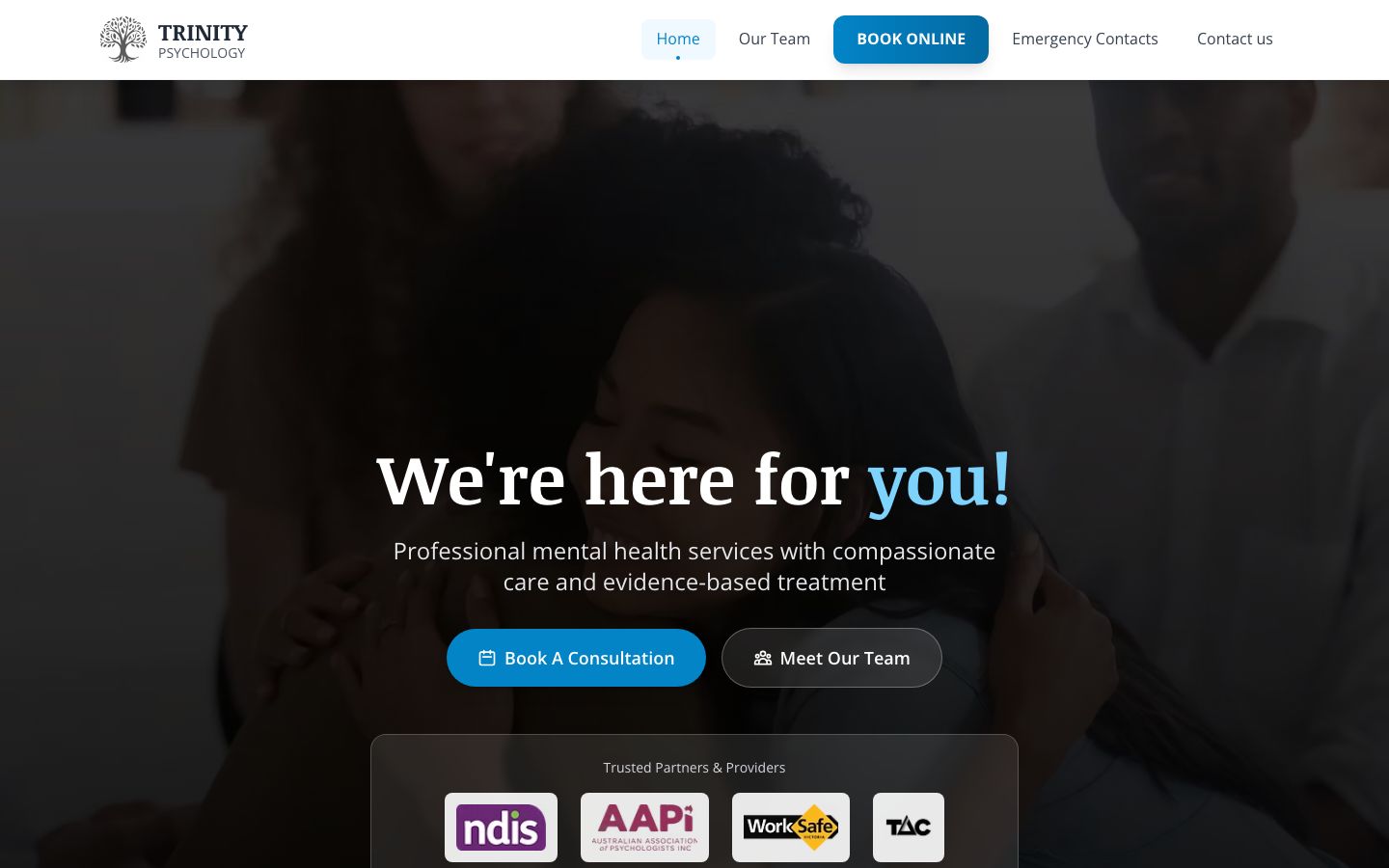 Trinity Psychology website showing services and booking information